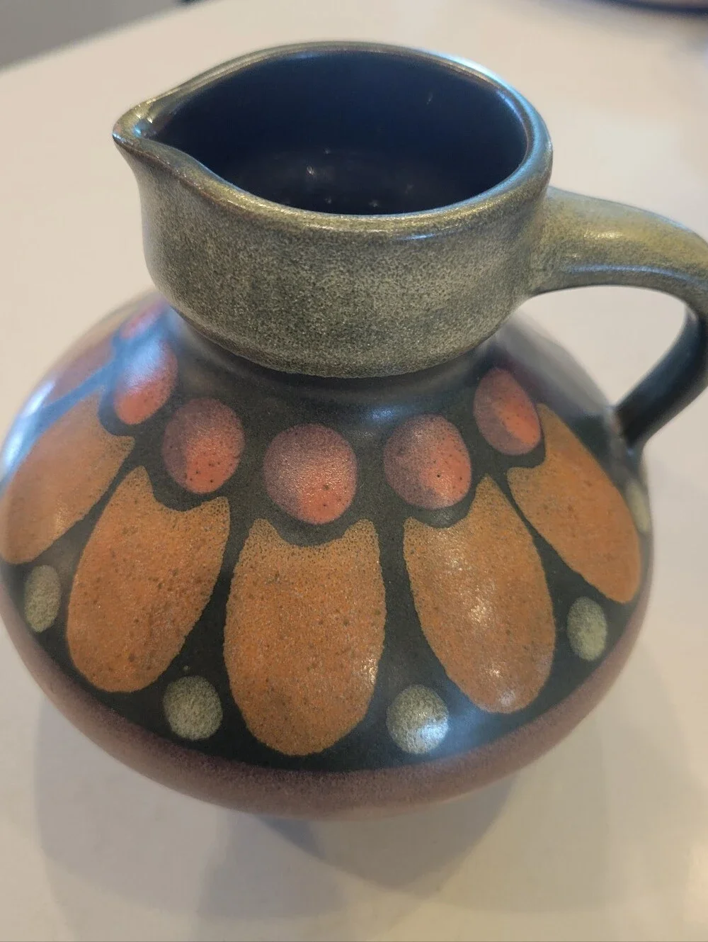 Vintage KMK Keramik Olive Green and Burnt Orange Patterned Ceramic Pitcher Vase - Picture 1 of 3
